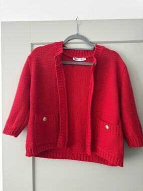 Zara Bright Red Chunky Open-Front Cardigan with Pocket Buttons